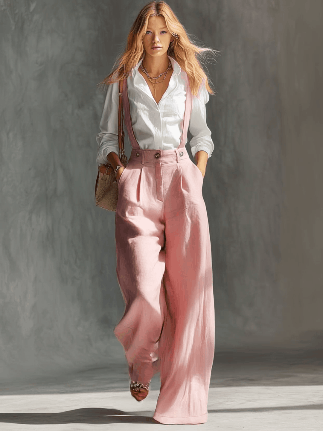 Chic pink women's high waist suspender wide leg pants, versatile for casual wear or elegant summer outfits.