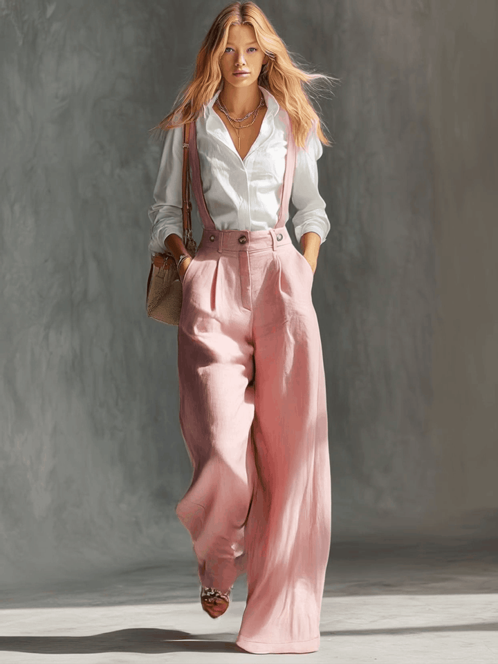 Chic pink women's high waist suspender wide leg pants, versatile for casual wear or elegant summer outfits.