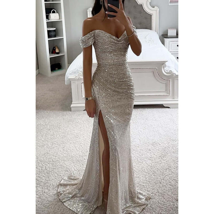 Elegant off-shoulder sequin maxi dress for women featuring a stylish thigh slit & sweetheart neckline. [[lstfy-media:2]]