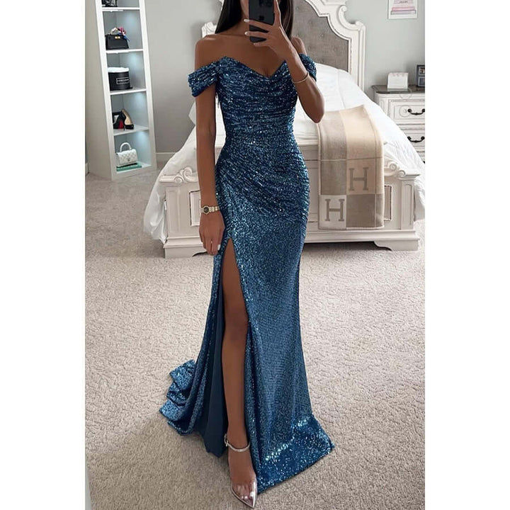 Red carpet ready women's sequin off-shoulder dress featuring a bold thigh slit and maxi length. [[lstfy-media:6]]