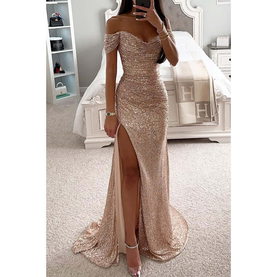 Luxurious women's formal sequin gown, off-shoulder style, thigh slit, ideal for evening wear & special occasions. [[lstfy-media:4]]