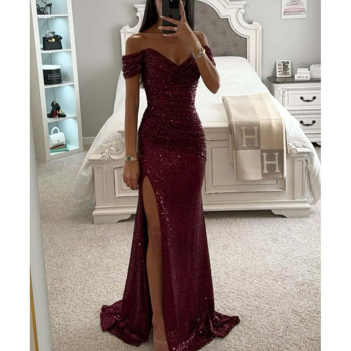 Chic women's sequin off-shoulder maxi dress with a sophisticated thigh slit, ideal for formal parties. [[lstfy-media:7]]