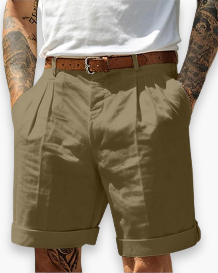 Classic men's pleated chino shorts for summer. Relaxed fit offers all-day comfort for warm weather and casual style.