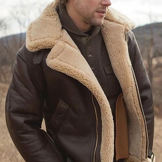 Stylish men's leather aviator jacket featuring a warm shearling collar, ideal for cool weather fashion.