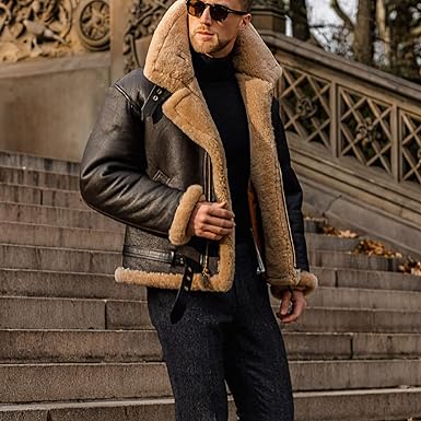 Rugged men's shearling collar aviator jacket. Perfect chic leather outerwear for winter and cool weather.