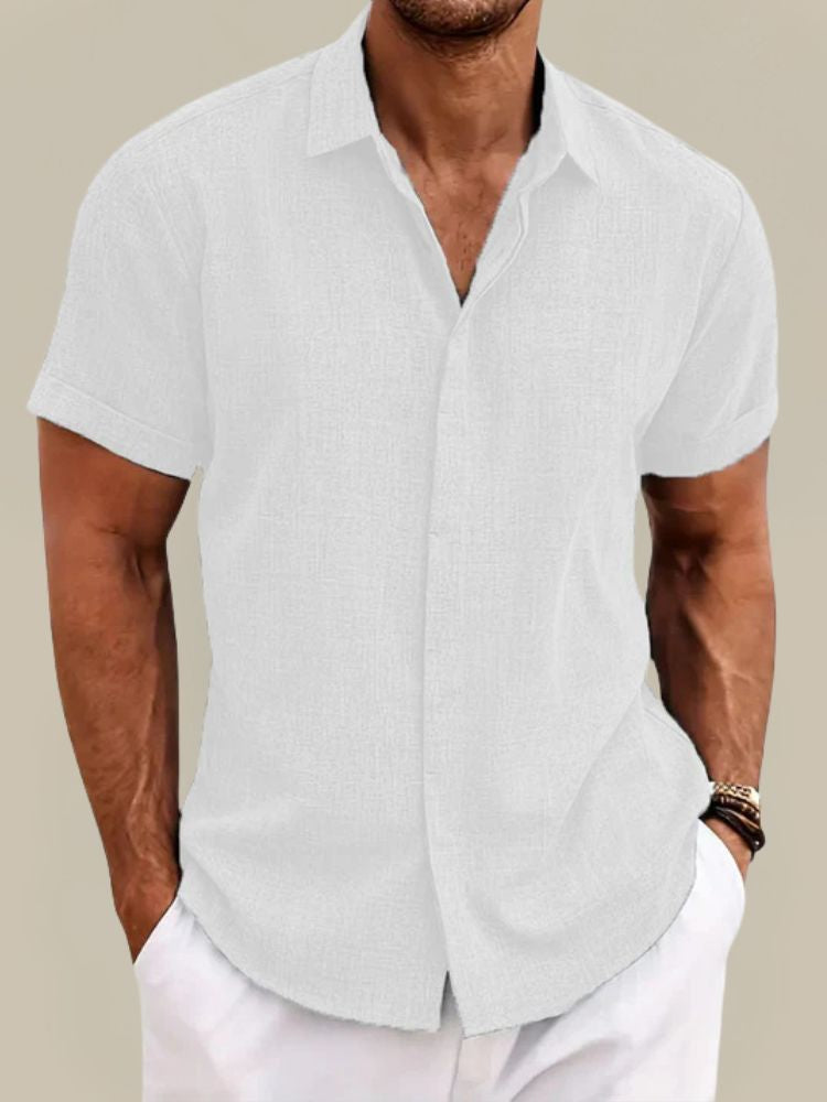 Close-up: Men's sophisticated short sleeve shirt with point collar & button-up details, a smart casual staple.