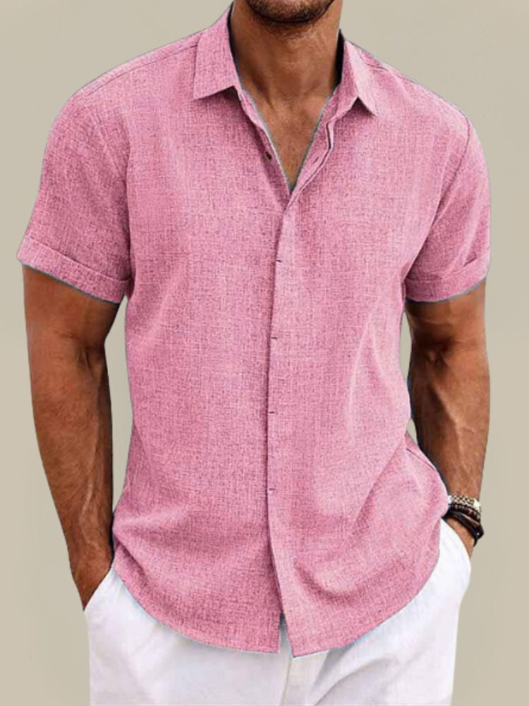 Sophisticated men's short sleeve button-up shirt, offering a relaxed fit for smart casual and warm weather style.