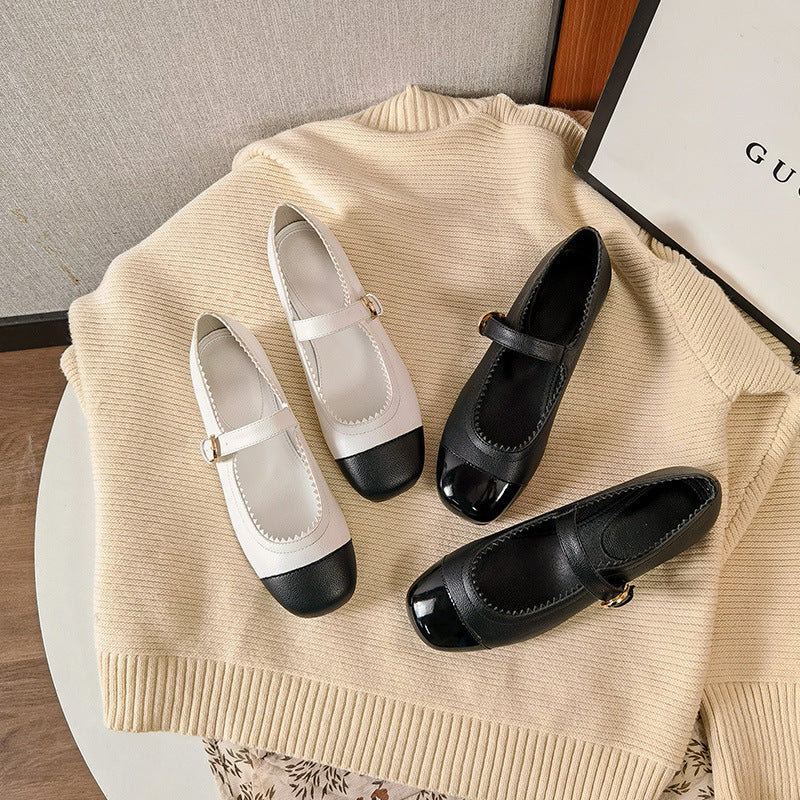 Modern two-tone Mary Jane shoes, perfect elegant platform heels for office wear or evening events.