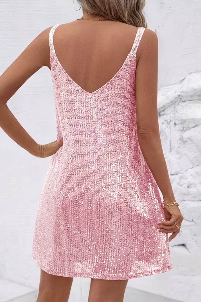 Sleeveless women's sparkly sequin v-neck mini dress, perfect for dazzling parties.