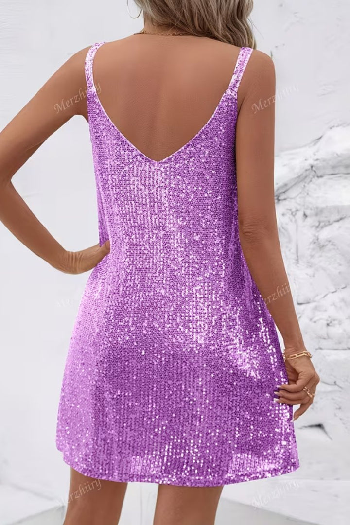 Elegant women's mini sequin v-neck cocktail dress, perfect for flattering party looks.