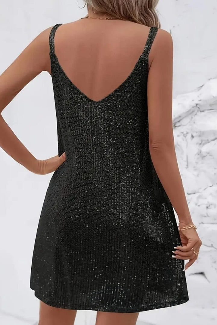 Sleeveless women's sequin v-neck mini cocktail dress, perfect for evening special occasions.