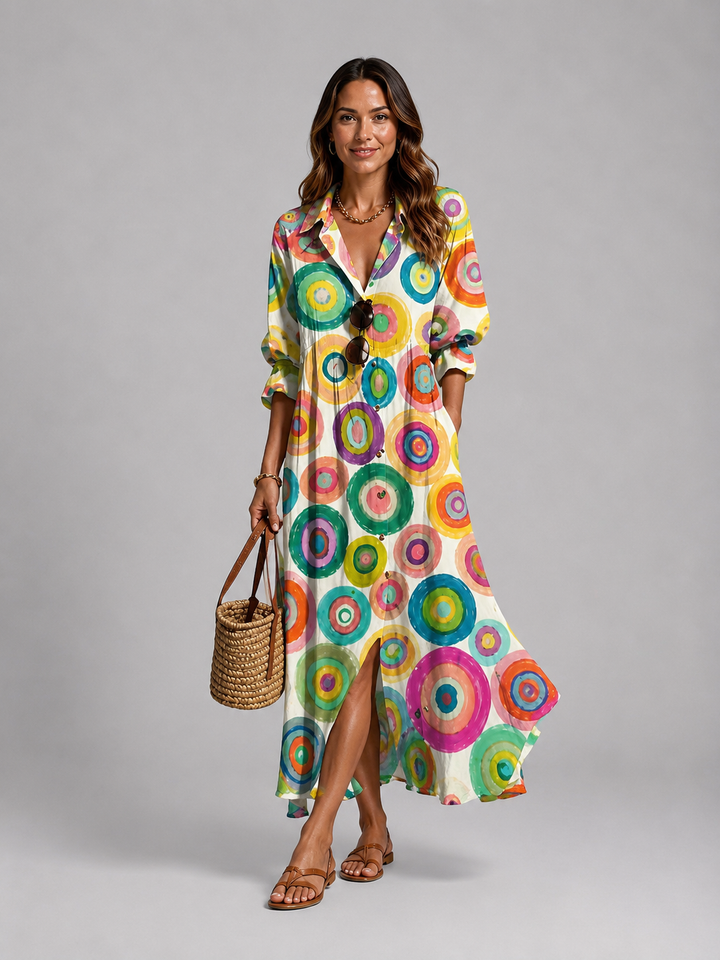 Stylish women's long printed maxi dress with elegant pintuck bodice and V-neck, perfect for summer & vacation.