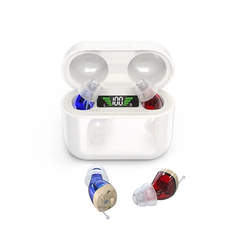 Invisible in-ear rechargeable personal sound amplifier aid for discreet daily use & clear audio.