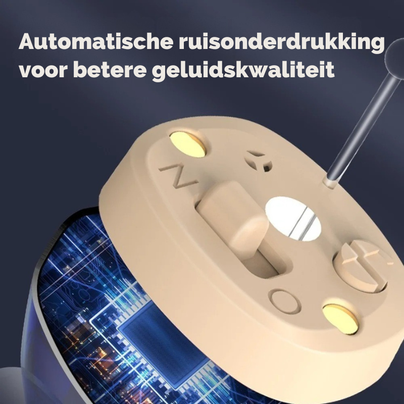Comfortable rechargeable invisible sound amplifier, in-ear design for daily assistive listening.