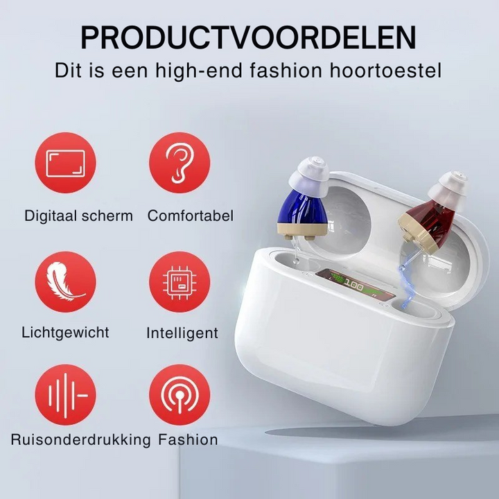 Advanced invisible in-ear personal sound amplifier with rechargeable battery for clear audio.