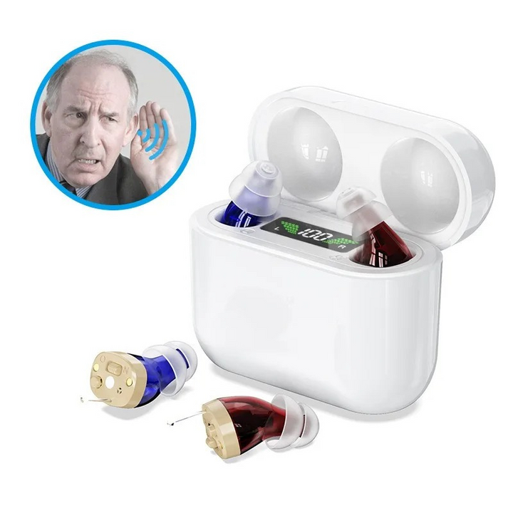 Invisible rechargeable personal sound amplifier for enhanced audio clarity in daily senior care.