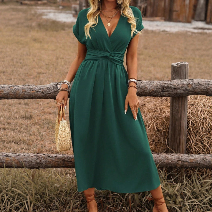 Elegant women's long V-neck boho maxi dress, a versatile and flowy design for any occasion.