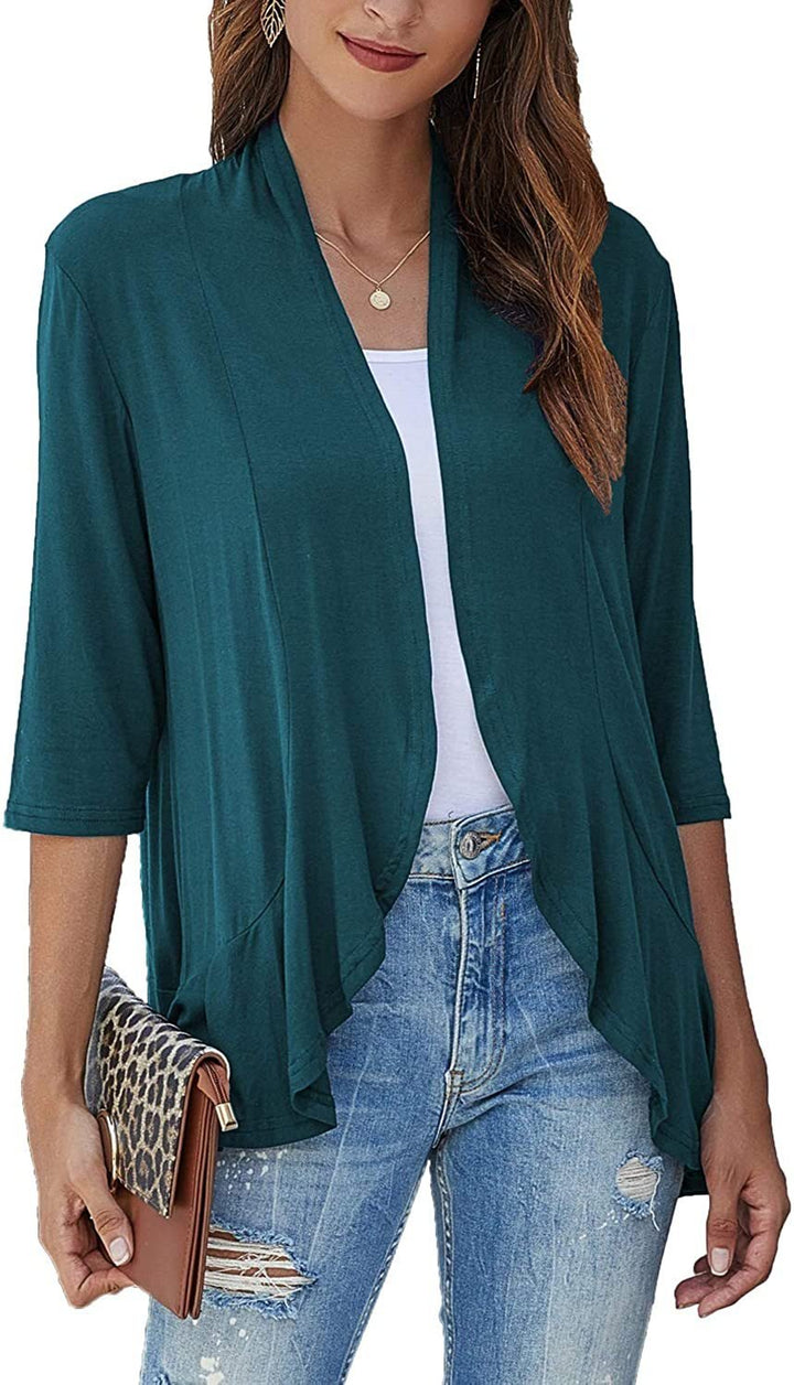 Lightweight open front cardigan for women, a draped 3/4 sleeve sweater ideal for versatile layering.