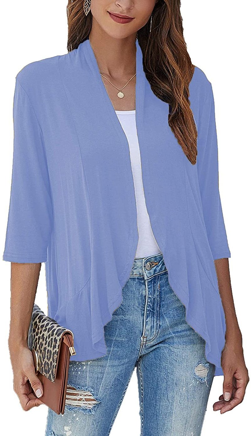 Must-have women's flowy draped open front cardigan, a versatile 3/4 sleeve layering piece.