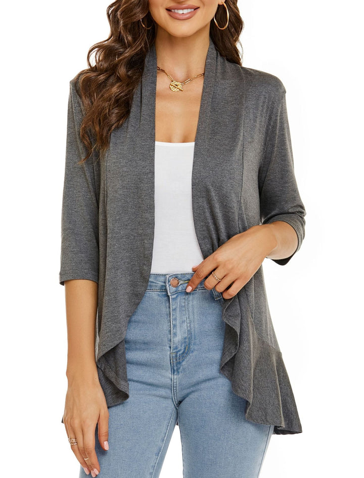Lightweight women's draped open front cardigan with 3/4 sleeves, ideal for versatile layering.