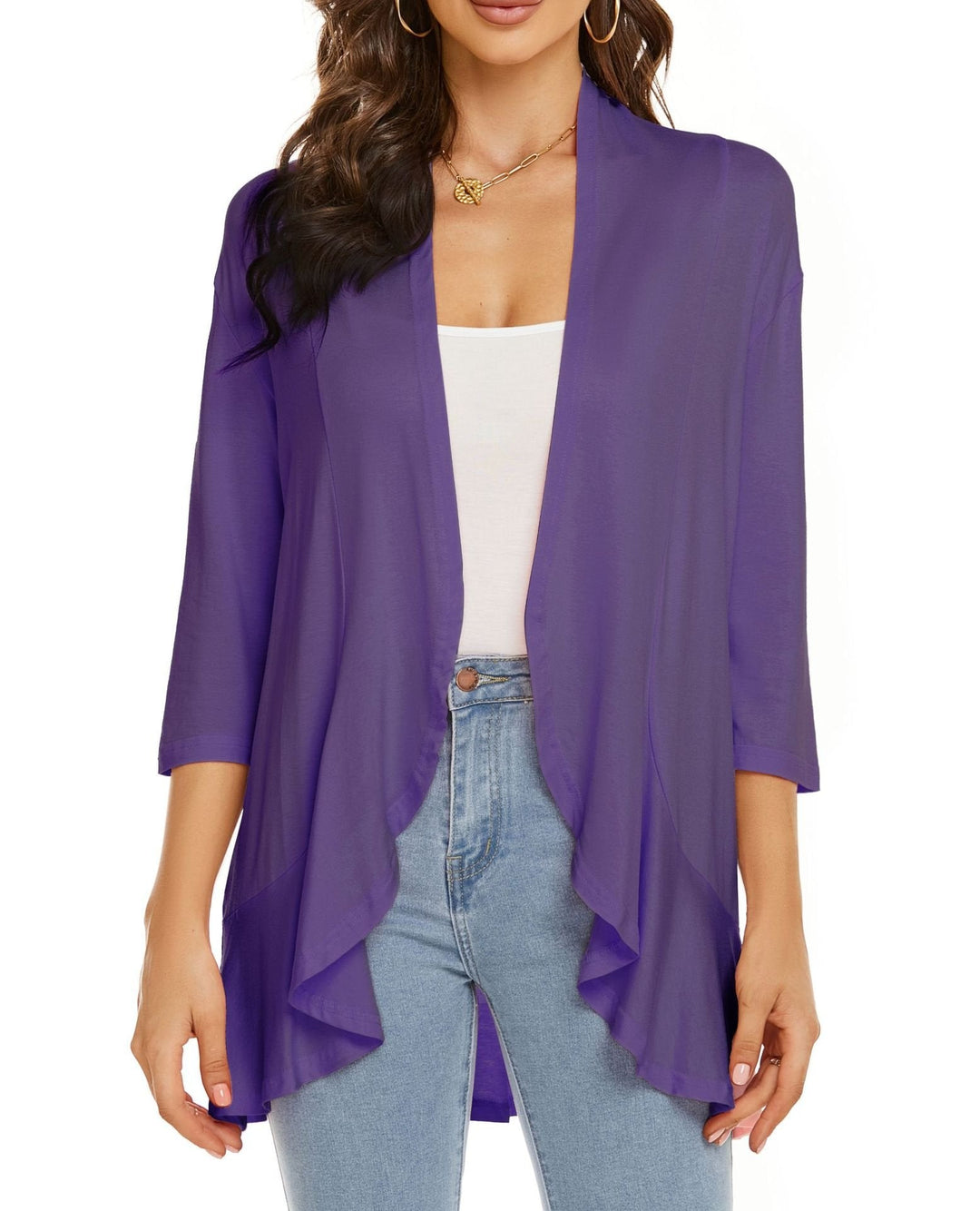 Chic women's flowy cardigan, an open front sweater with a draped design for fashion.