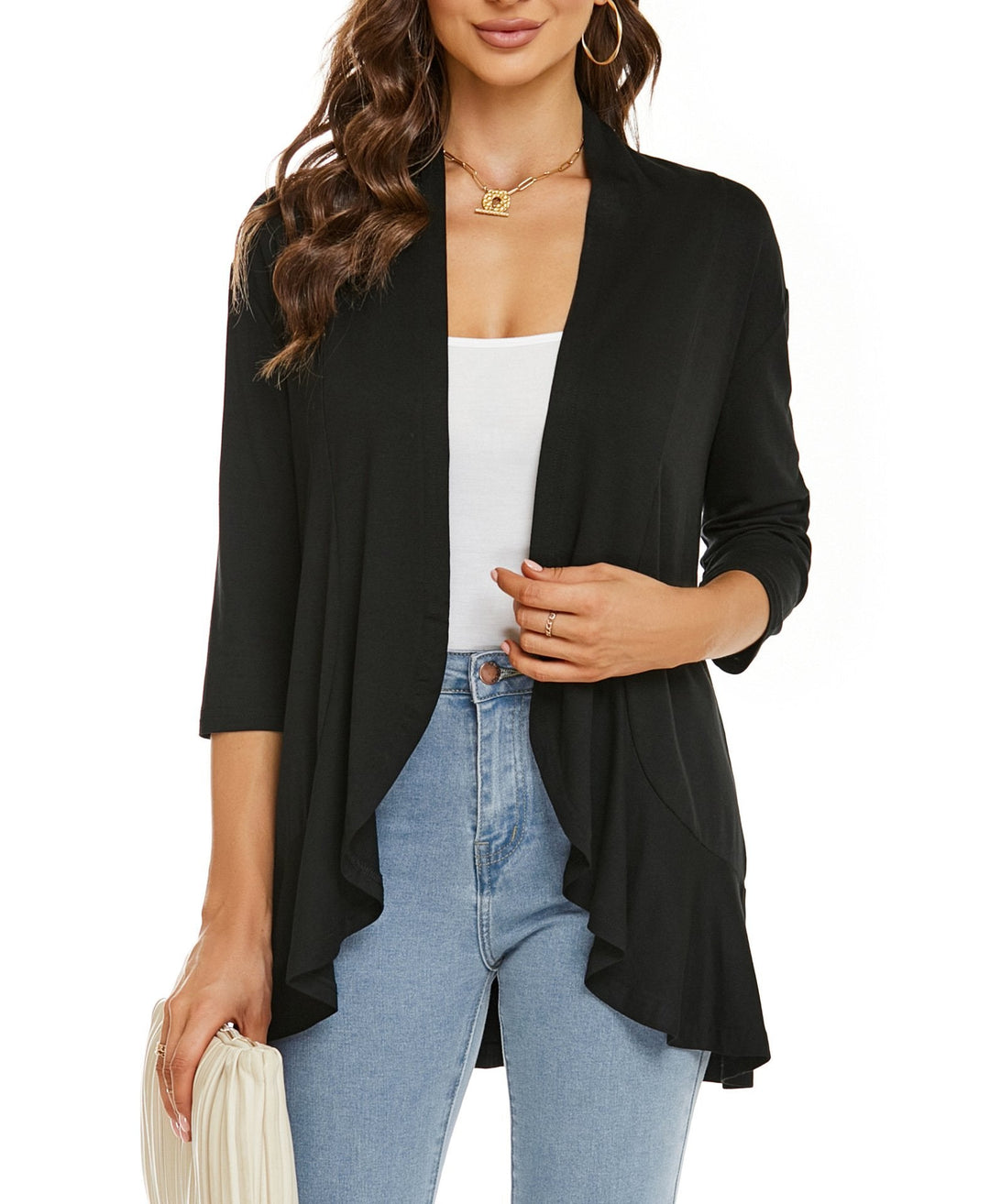 Soft & flowy open front cardigan for women, a comfortable draped layering piece with 3/4 sleeves.