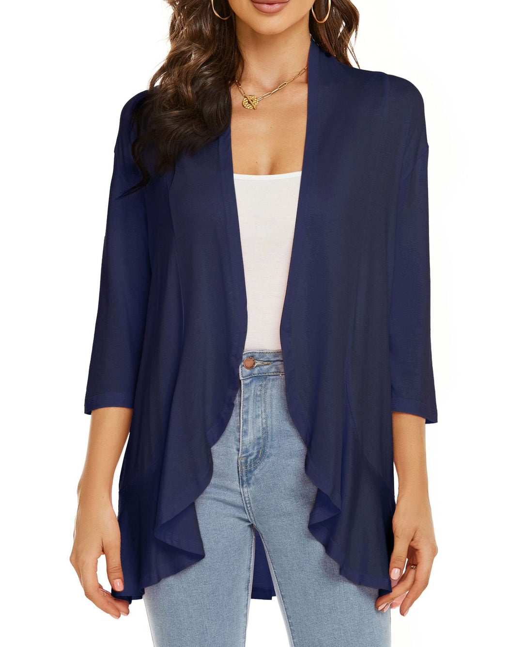 Woman wearing a flowy draped open front cardigan, showcasing its elegant and casual style.