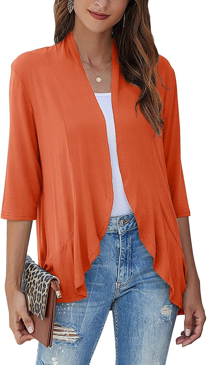 Draped open front cardigan for women, a flowy and lightweight sweater with 3/4 sleeves.