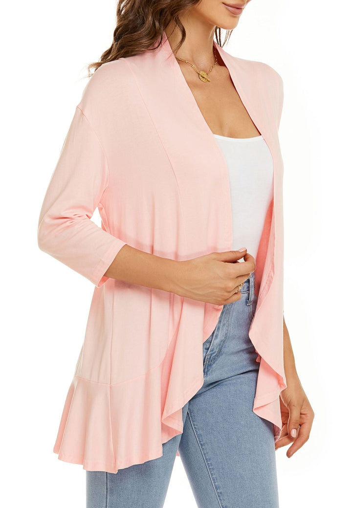 Women's casual flowy open front cardigan with draped design and practical 3/4 sleeves.
