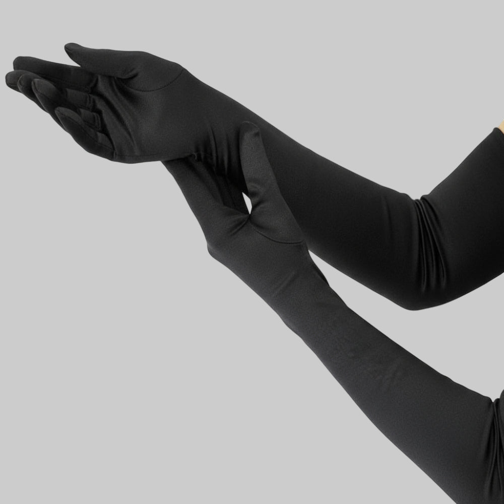 Glamorous elbow length formal gloves for women, ideal for parties, weddings & costumes.