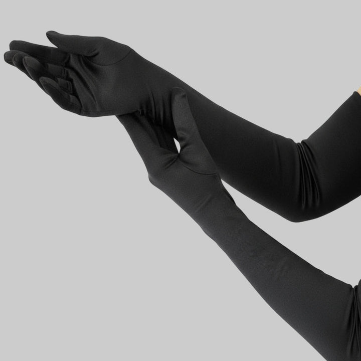 Glamorous elbow length formal gloves for women, ideal for parties, weddings & costumes.