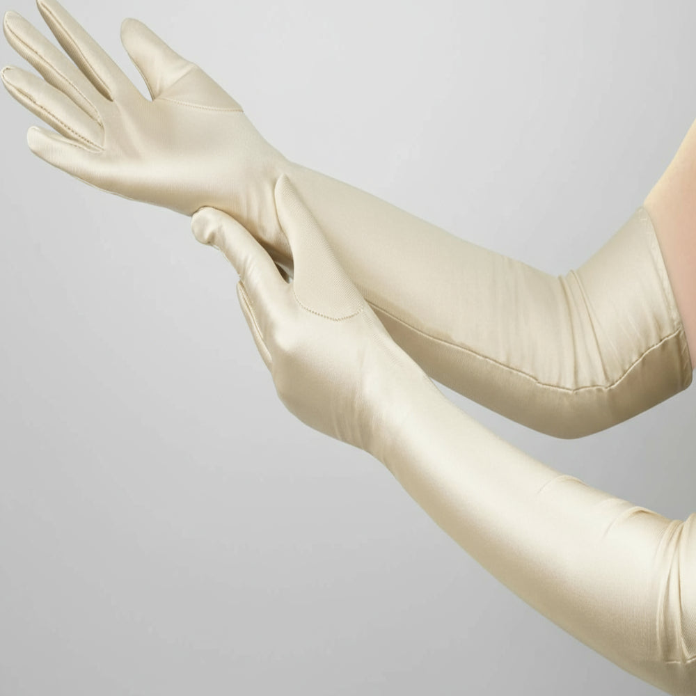 Sleek elbow length evening gloves, a chic accessory for upscale events & costume parties.