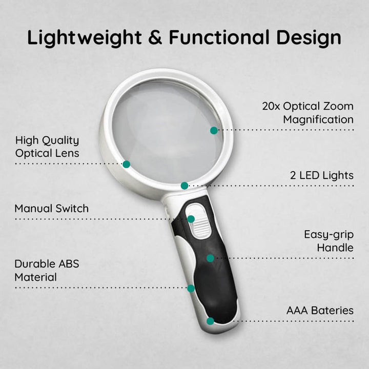 Durable LED magnifier with clear lens for reading small print, a great senior assist tool.