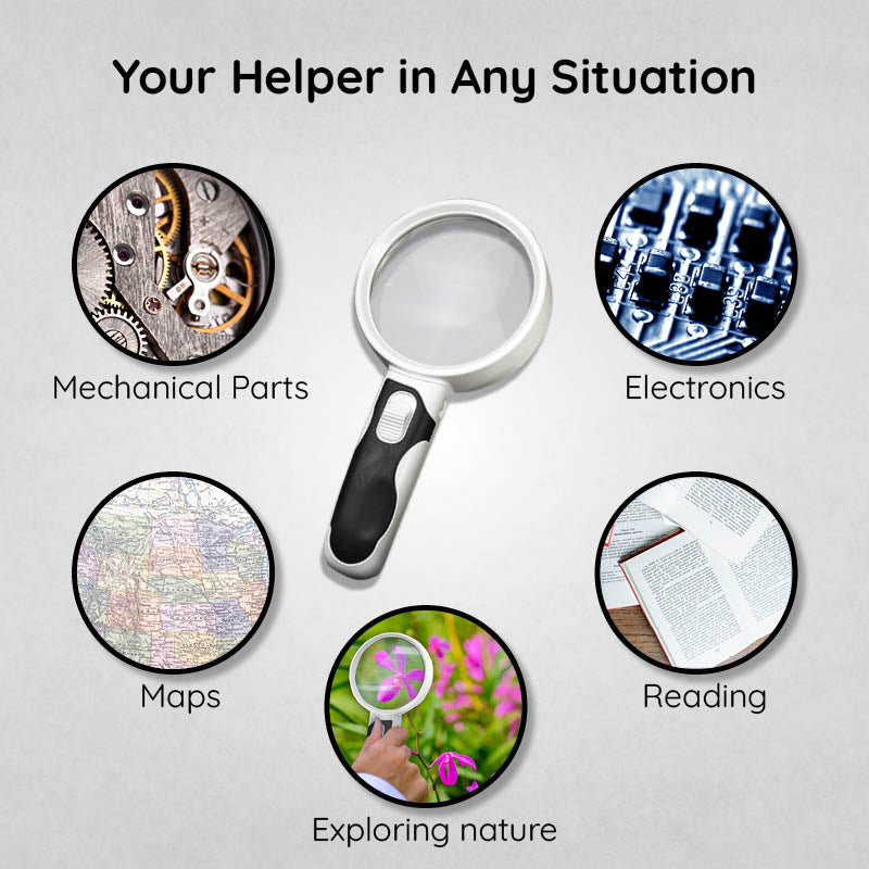 LED magnifying glass, a universal reading aid for low vision. Perfect hobby & senior tool.