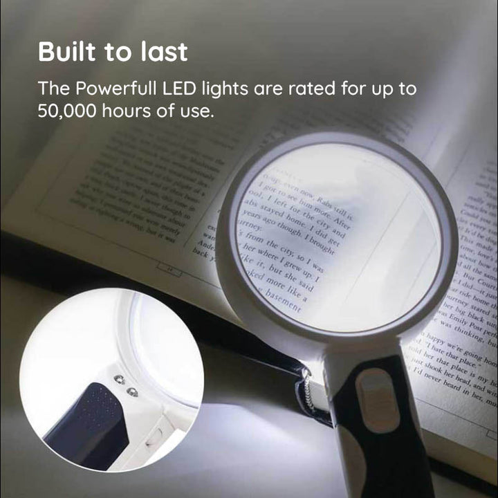 Portable LED magnifying glass, durable reading aid for seniors, students, and hobbyists.
