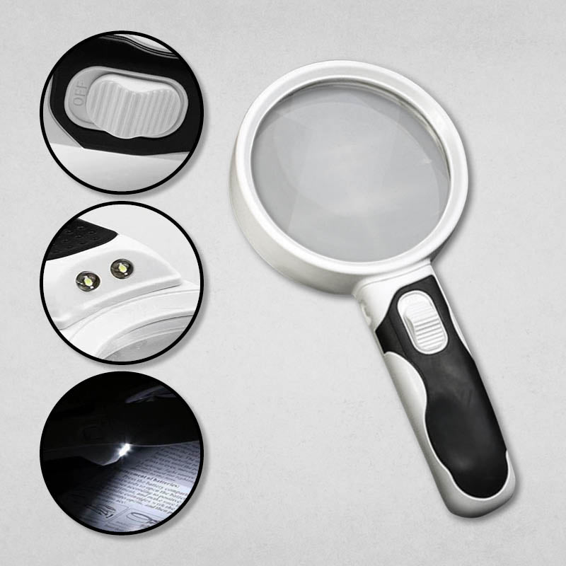 Ergonomic LED magnifying glass, a durable reading aid for seniors and hobby enthusiasts.