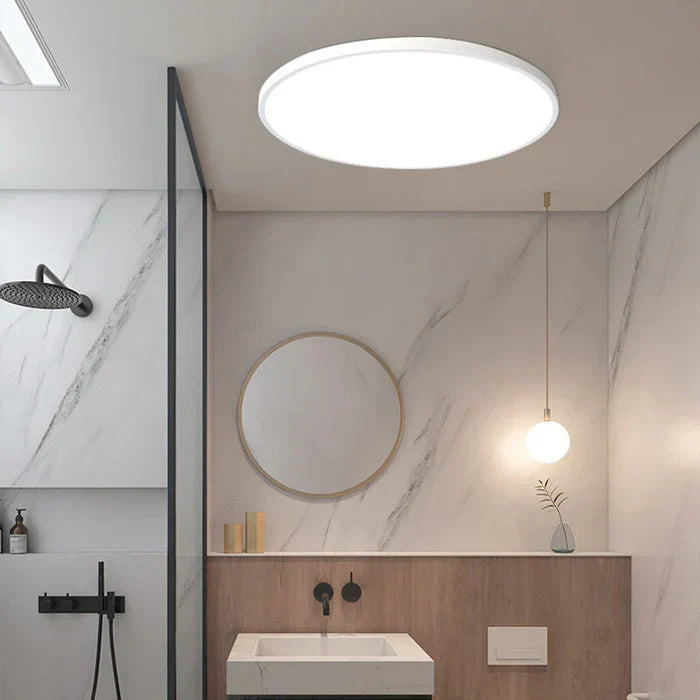Energy-efficient OrbGlow modern LED ceiling light installed in a contemporary living room.