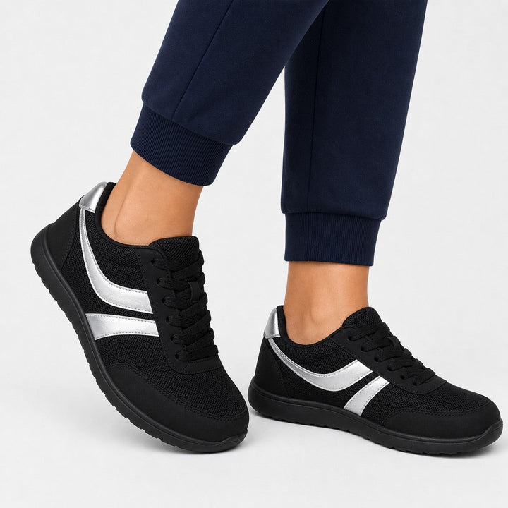 Women's fashion walking shoes, combining roomy toe comfort with essential support.