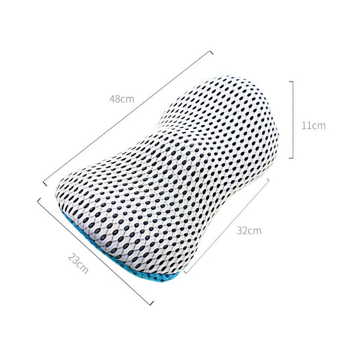 Orthopaedic lumbar support cushion for office chairs, car seats, and home use, aiding back pain relief.