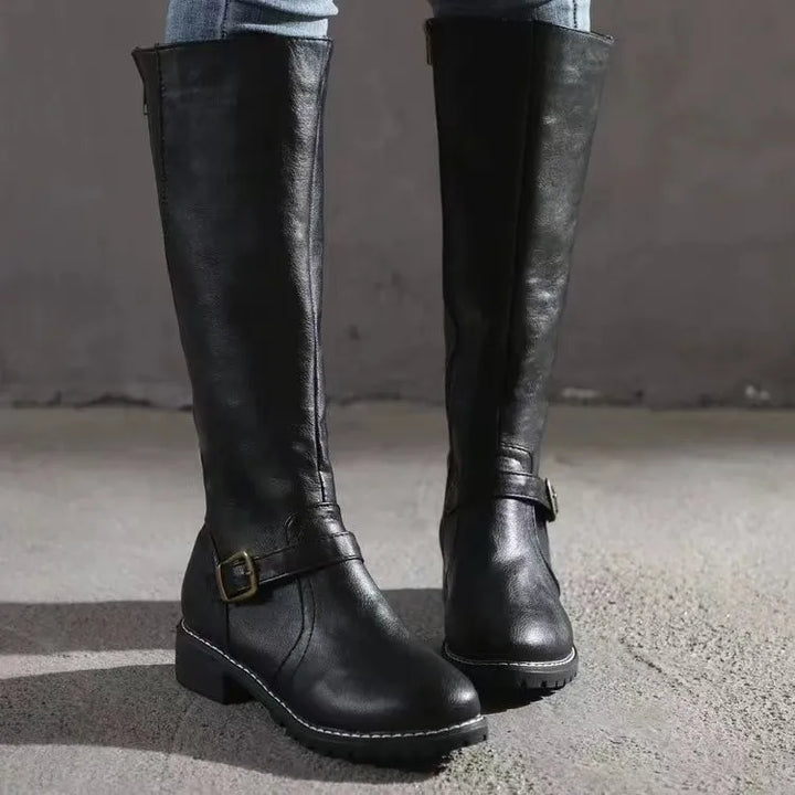 Knee-high women's orthopedic buckle boots, perfect for fall fashion, providing ultimate comfort and arch support.