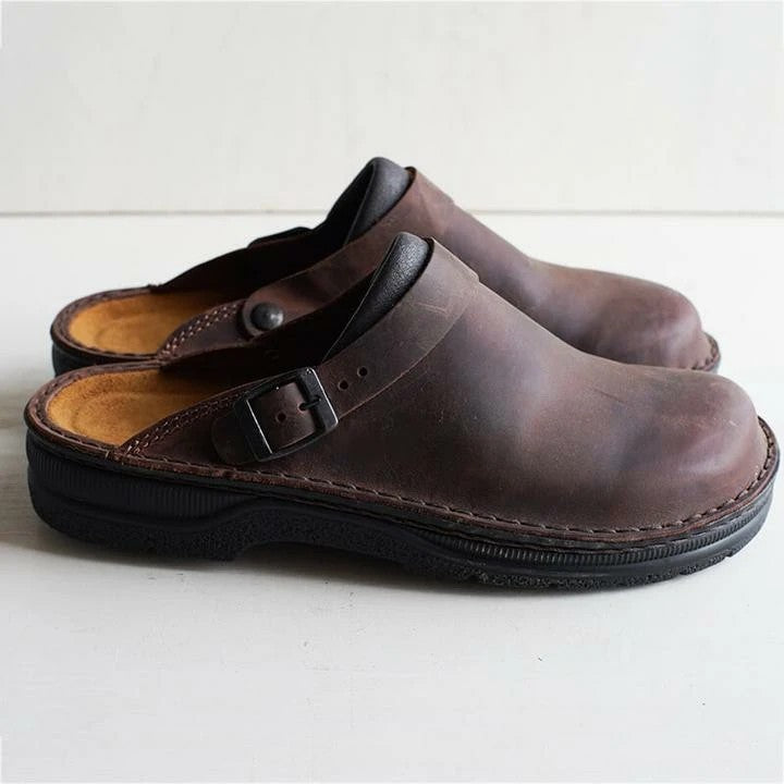 Men's orthopedic comfort clogs in brown, offering all-day support, foot relief, and knee support for daily wear.