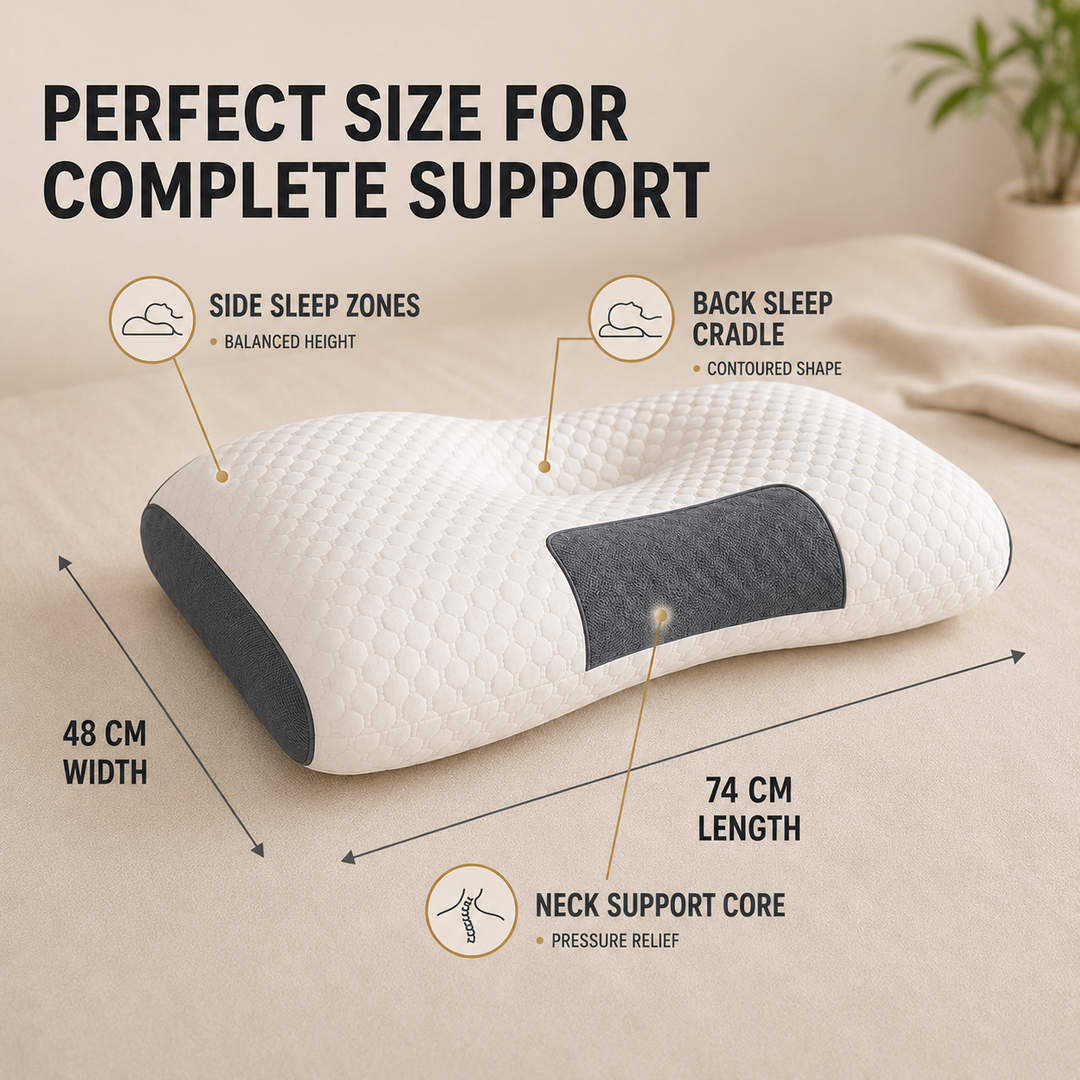 Person sleeping peacefully on an orthopedic contour neck pillow, experiencing pain relief & sleep comfort.