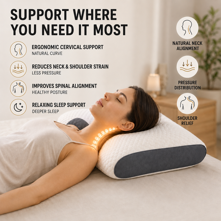 White contour neck pillow with cervical support for adults, aiding in neck pain relief & restful sleep.