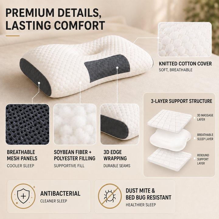 Wellness orthopedic pillow for neck pain, promoting healthy sleep posture & spinal alignment for adults.