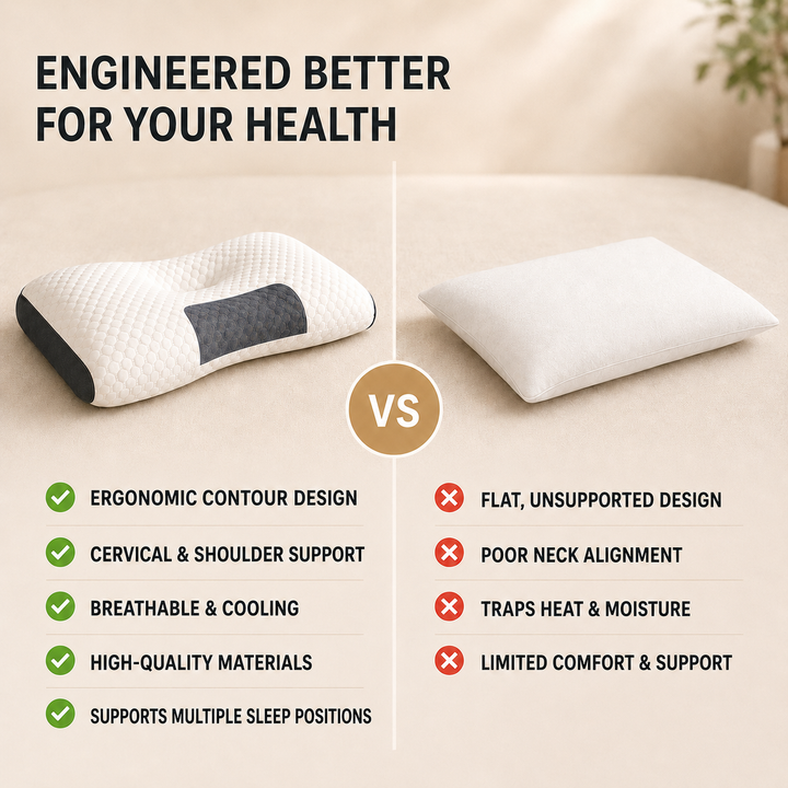 Close-up of an ergonomic orthopedic contour neck pillow designed for optimal cervical support & wellness.