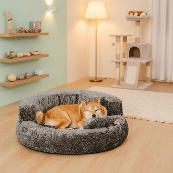 Orthopedic donut dog bed provides superior joint support & a calming space for dogs of all sizes.