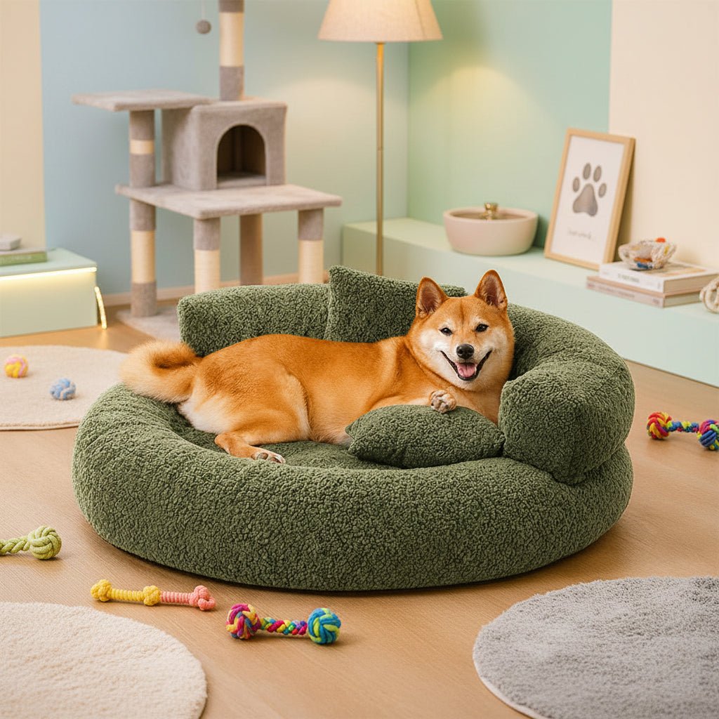 Stylish calming orthopedic donut dog bed, perfect pet furniture for a restful sleep & joint relief.