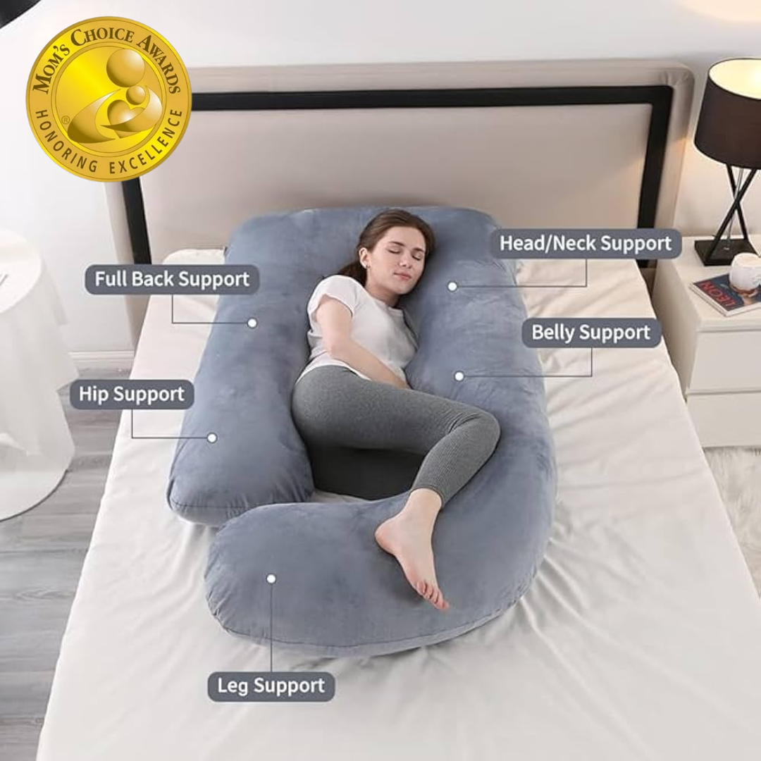 Memory foam orthopedic full-body pregnancy pillow for maternity support, prenatal comfort & hip relief.