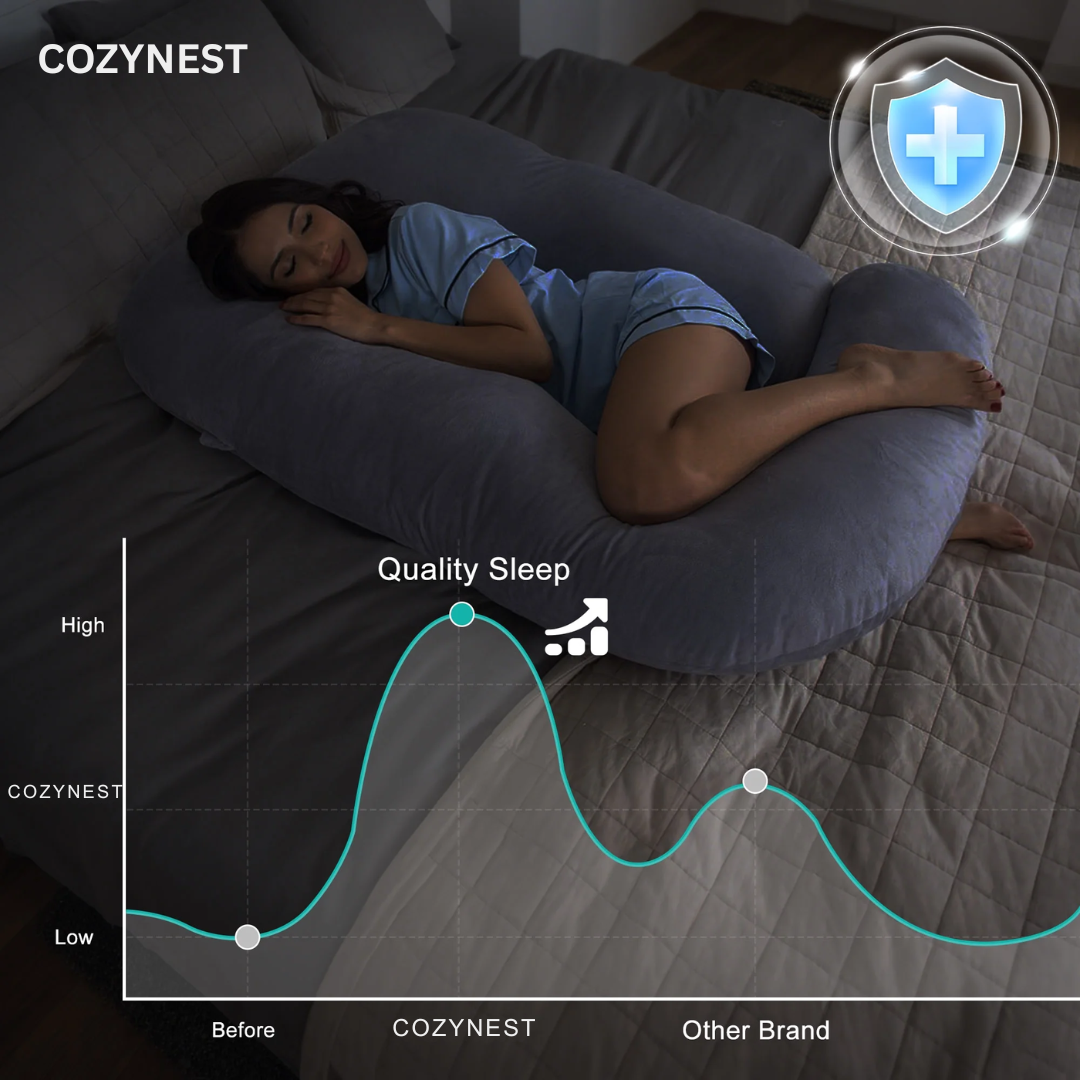 Memory foam full-body pregnancy pillow offering orthopedic back and hip pain relief for expectant mothers.
