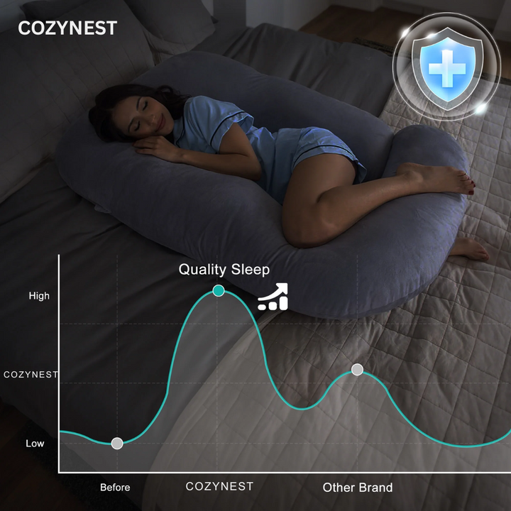 Memory foam full-body pregnancy pillow offering orthopedic back and hip pain relief for expectant mothers.